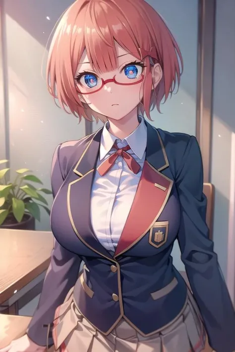 ogatarizu, <lora:rizuogatatest:1>,
rizu ogata, blue eyes, glasses, hair bow, red bow, red-framed eyewear, short hair, orange hair,
BREAK blazer, bow, jacket, pantyhose, pleated skirt, school uniform, shirt, skirt,
BREAK looking at viewer,
BREAK indoors, classroom,
BREAK <lora:GoodHands-vanilla:1>, (masterpiece:1.2), best quality, high resolution, unity 8k wallpaper, (illustration:0.8), (beautiful detailed eyes:1.6), extremely detailed face, perfect lighting, extremely detailed CG, (perfect hands, perfect anatomy),