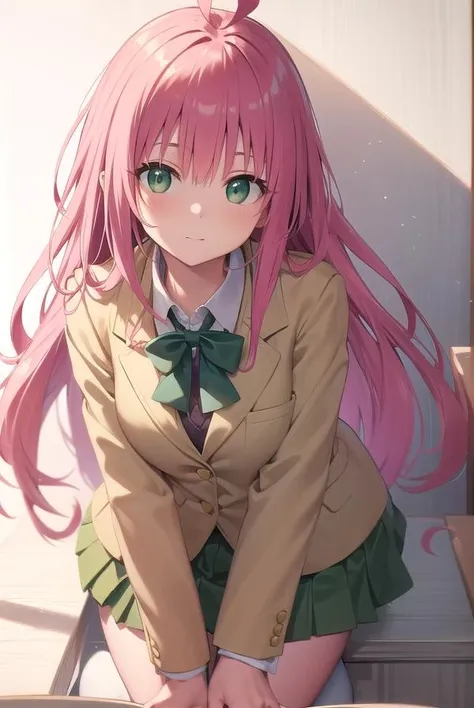 laladevilluke, <lora:laladeviluketest:1>,
lala deviluke, long hair, pink hair, tail, ahoge, bangs, hair ornament, (green eyes:1.5),
BREAK school uniform, white shirt, blazer, (yellow blazer:1.5), ribbon, green ribbon, pleated, pleated skirt, skirt, (green skirt:1.5),
BREAK looking at viewer,
BREAK indoors, classroom,
BREAK <lora:GoodHands-vanilla:1>, (masterpiece:1.2), best quality, high resolution, unity 8k wallpaper, (illustration:0.8), (beautiful detailed eyes:1.6), extremely detailed face, perfect lighting, extremely detailed CG, (perfect hands, perfect anatomy),