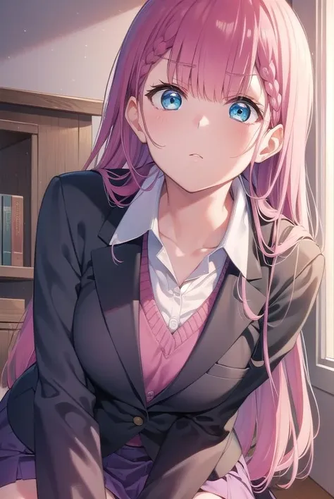mafuyukirisu, <lora:mafuyutest:1>,
mafuyu kirisu, blue eyes, braid, long hair, twin braids, pink hair,
BREAK long sleeves, purple skirt, shirt, skirt, suit jacket, white shirt, blazer,
BREAK looking at viewer,
BREAK indoors, classroom,
BREAK <lora:GoodHands-vanilla:1>, (masterpiece:1.2), best quality, high resolution, unity 8k wallpaper, (illustration:0.8), (beautiful detailed eyes:1.6), extremely detailed face, perfect lighting, extremely detailed CG, (perfect hands, perfect anatomy),
