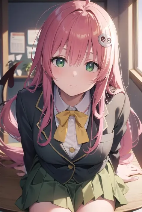laladevilluke, <lora:laladeviluketest:1>,
lala deviluke, long hair, pink hair, tail, ahoge, bangs, hair ornament, (green eyes:1.5),
BREAK school uniform, white shirt, blazer, (yellow blazer:1.5), ribbon, green ribbon, pleated, pleated skirt, skirt, (green skirt:1.5),
BREAK looking at viewer,
BREAK indoors, classroom,
BREAK <lora:GoodHands-vanilla:1>, (masterpiece:1.2), best quality, high resolution, unity 8k wallpaper, (illustration:0.8), (beautiful detailed eyes:1.6), extremely detailed face, perfect lighting, extremely detailed CG, (perfect hands, perfect anatomy),
