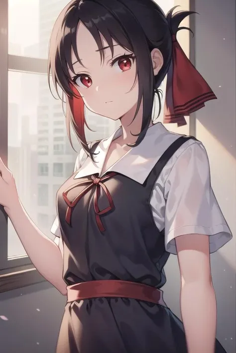 kaguyashinomiya, <lora:kaguyashinomiyatest:1>,
kaguya shinomiya, folded ponytail, forehead, hair ribbon, (red eyes:1.5), red ribbon, ribbon, short hair, sidelocks, (small breast:1.2),
BREAK black dress, dress, pinafore dress, school uniform, shirt, short sleeves, shuuchiin academy school uniform, white shirt,
BREAK looking at viewer,
BREAK indoors, classroom,
BREAK <lora:GoodHands-vanilla:1>, (masterpiece:1.2), best quality, high resolution, unity 8k wallpaper, (illustration:0.8), (beautiful detailed eyes:1.6), extremely detailed face, perfect lighting, extremely detailed CG, (perfect hands, perfect anatomy),