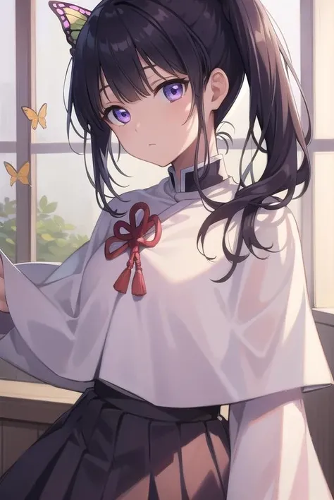 kanaotsuyuri, <lora:kanaotsuyuritest:1>,
kanao tsuyuri, black hair, butterfly, butterfly hair ornament, (purple eyes:1.1), side ponytail, ponytail, 
BREAK black skirt, cape, demon slayer uniform, long sleeves, pleated skirt, skirt, white cape,
BREAK looking at viewer,
BREAK indoors, classroom,
BREAK <lora:GoodHands-vanilla:1>, (masterpiece:1.2), best quality, high resolution, unity 8k wallpaper, (illustration:0.8), (beautiful detailed eyes:1.6), extremely detailed face, perfect lighting, extremely detailed CG, (perfect hands, perfect anatomy),