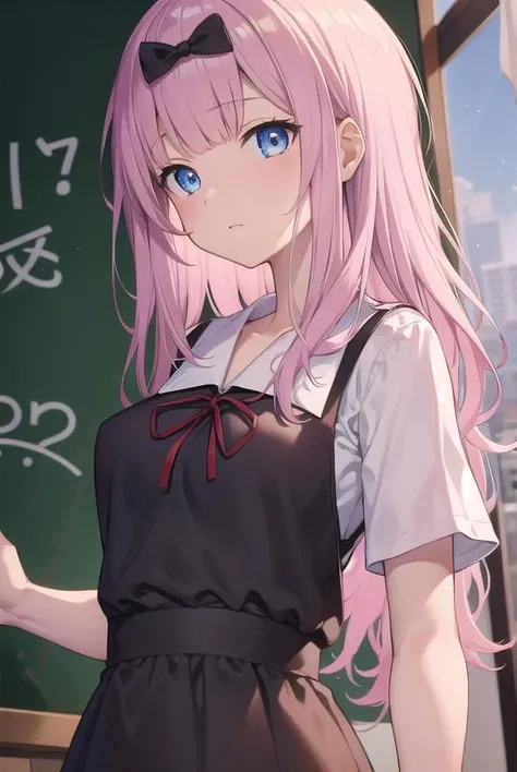 chikafujiwara, <lora:chikafujiwaratest:1>,
chika fujiwara, black bow, blue eyes, blunt bangs, hair bow, long hair, pink hair,
BREAK black dress, dress, pinafore dress, school uniform, shirt, short sleeves, shuuchiin academy school uniform, white shirt,
BREAK looking at viewer,
BREAK indoors, classroom,
BREAK <lora:GoodHands-vanilla:1>, (masterpiece:1.2), best quality, high resolution, unity 8k wallpaper, (illustration:0.8), (beautiful detailed eyes:1.6), extremely detailed face, perfect lighting, extremely detailed CG, (perfect hands, perfect anatomy),