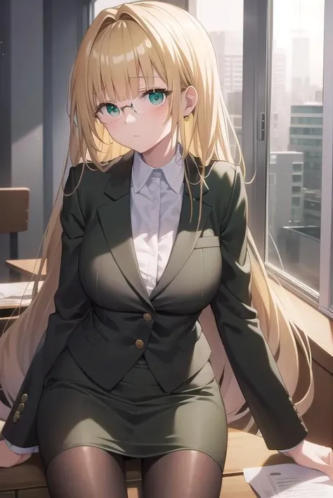 lunatiquetearju, <lora:tearjulunatiquetest:1>,
tearju lunatique, blonde hair, (green eyes:1.5), hair intakes, long hair, low-tied long hair, glasses,
BREAK business suit, formal, jacket, pantyhose, pencil skirt, skirt, skirt suit, suit, thighhighs, black suit, black jacket, black skirt,
BREAK looking at viewer,
BREAK indoors, classroom,
BREAK <lora:GoodHands-vanilla:1>, (masterpiece:1.2), best quality, high resolution, unity 8k wallpaper, (illustration:0.8), (beautiful detailed eyes:1.6), extremely detailed face, perfect lighting, extremely detailed CG, (perfect hands, perfect anatomy),