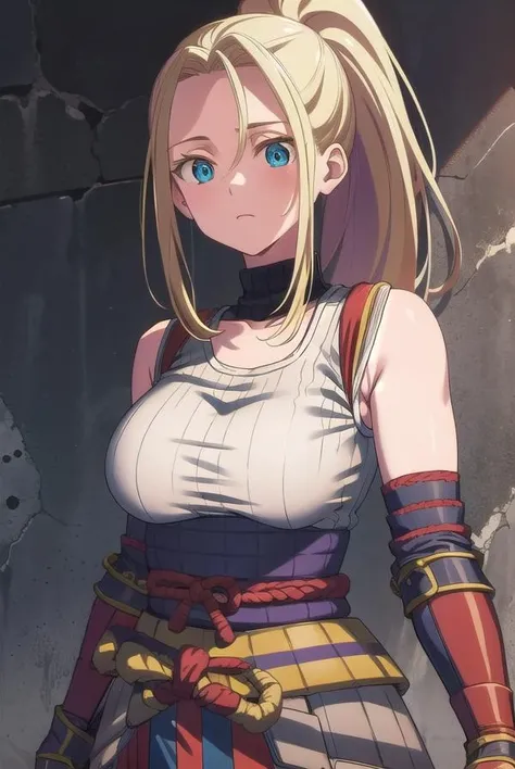 beatrixamerhauser, <lora:beatrixamerhausertest:1>,
beatrix amerhauser, long hair, blue eyes, blonde hair, gloves, ponytail, (medium breast:1.2),
BREAK gloves, fingerless gloves, armor, japanese armor, tank top, white tank top,
BREAK looking at viewer,
BREAK outdoors,
BREAK <lora:GoodHands-vanilla:1>, (masterpiece:1.2), best quality, high resolution, unity 8k wallpaper, (illustration:0.8), (beautiful detailed eyes:1.6), extremely detailed face, perfect lighting, extremely detailed CG, (perfect hands, perfect anatomy),