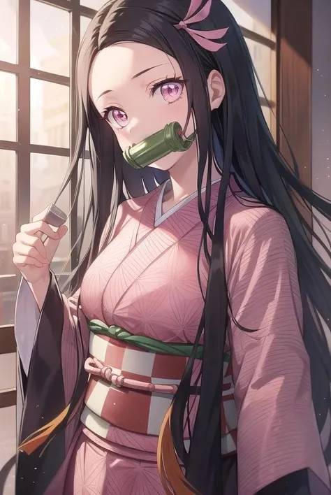 nezukokamado, <lora:nezukokamadotest:1>,
nezuko kamado, bamboo, (bit gag:1.5), black hair, (forehead:1.5), gag, gagged, hair ribbon, long hair, multicolored hair, (pink eyes:1.5), orange hair, slit pupils, wavy hair, two-tone hair,
BREAK asa no ha (pattern), checkered sash, haori, japanese clothes, kimono, long sleeves, obi, pink kimono, sash, wariza, wide sleeves,
BREAK looking at viewer,
BREAK indoors,
BREAK <lora:GoodHands-vanilla:1>, (masterpiece:1.2), best quality, high resolution, unity 8k wallpaper, (illustration:0.8), (beautiful detailed eyes:1.6), extremely detailed face, perfect lighting, extremely detailed CG, (perfect hands, perfect anatomy),