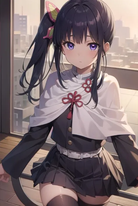 kanaotsuyuri, <lora:kanaotsuyuritest:1>,
kanao tsuyuri, black hair, butterfly, butterfly hair ornament, (purple eyes:1.1), side ponytail, ponytail,
BREAK black skirt, cape, demon slayer uniform, long sleeves, pleated skirt, skirt, white cape,
BREAK looking at viewer,
BREAK indoors, classroom,
BREAK <lora:GoodHands-vanilla:1>, (masterpiece:1.2), best quality, high resolution, unity 8k wallpaper, (illustration:0.8), (beautiful detailed eyes:1.6), extremely detailed face, perfect lighting, extremely detailed CG, (perfect hands, perfect anatomy),