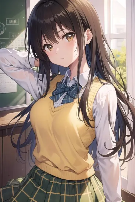 kotegawayui, <lora:yuikotegawatest:1>,
yui kotegawa, black hair, (brown eyes:1.5), long hair,
BREAK green skirt, plaid, plaid skirt, sainan high school uniform, school uniform, skirt, sweater vest, (yellow sweater:1.3),
BREAK looking at viewer,
BREAK indoors, classroom,
BREAK <lora:GoodHands-vanilla:1>, (masterpiece:1.2), best quality, high resolution, unity 8k wallpaper, (illustration:0.8), (beautiful detailed eyes:1.6), extremely detailed face, perfect lighting, extremely detailed CG, (perfect hands, perfect anatomy),