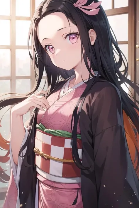 nezukokamado, <lora:nezukokamadotest:1>,
nezuko kamado, bamboo, bit gag, black hair, (forehead:1.5), gag, gagged, hair ribbon, long hair, multicolored hair, (pink eyes:1.5), orange hair, slit pupils, wavy hair, two-tone hair,
BREAK asa no ha (pattern), checkered sash, haori, japanese clothes, kimono, long sleeves, obi, pink kimono, sash, wariza, wide sleeves,
BREAK looking at viewer,
BREAK indoors,
BREAK <lora:GoodHands-vanilla:1>, (masterpiece:1.2), best quality, high resolution, unity 8k wallpaper, (illustration:0.8), (beautiful detailed eyes:1.6), extremely detailed face, perfect lighting, extremely detailed CG, (perfect hands, perfect anatomy),