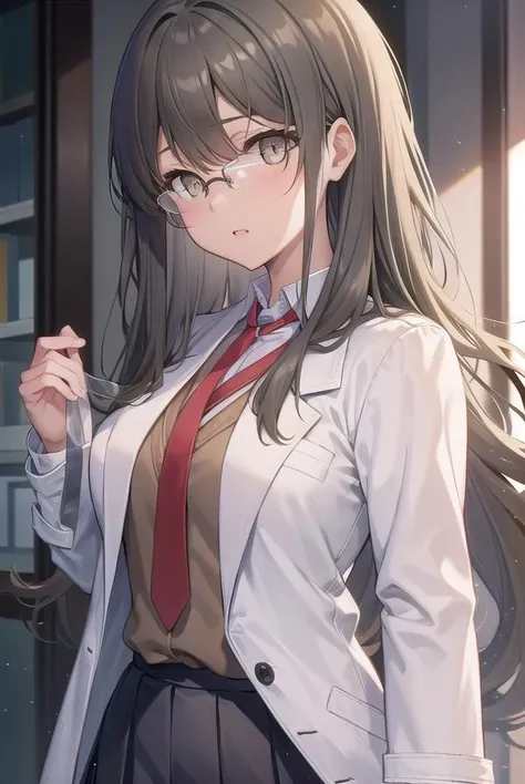 riofutaba, <lora:riofutabatest:1>,
rio futaba, black-framed eyewear, (brown eyes:1.7), glasses, (grey hair:1.5), hair between eyes, over-rim eyewear, semi-rimless eyewear, long hair, sidelocks,
BREAK blazer, blue skirt, brown jacket, coat, collared shirt, jacket, lab coat, long sleeves, miniskirt, necktie, open clothes, open coat, pleated skirt, red necktie, school uniform, shirt, skirt, undershirt, (white coat:1.5), white shirt,
BREAK looking at viewer,
BREAK indoors, classroom,
BREAK <lora:GoodHands-vanilla:1>, (masterpiece:1.2), best quality, high resolution, unity 8k wallpaper, (illustration:0.8), (beautiful detailed eyes:1.6), extremely detailed face, perfect lighting, extremely detailed CG, (perfect hands, perfect anatomy),