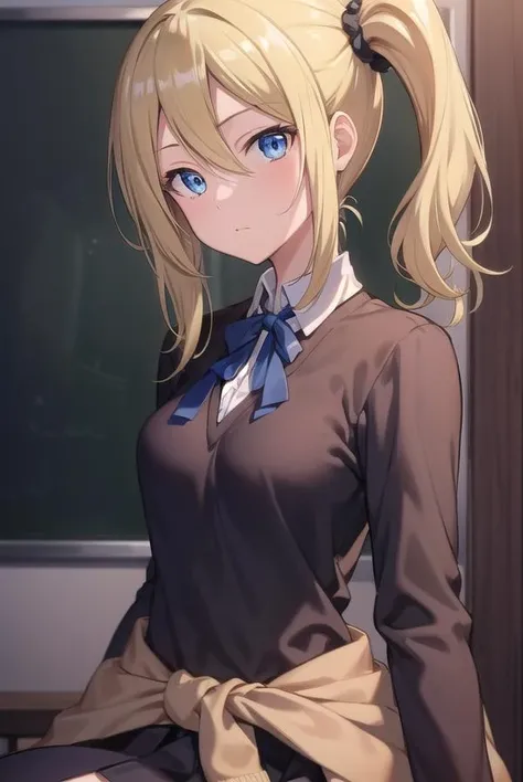 aihayasaka, <lora:aihayasakatest:1>,
ai hayasaka, blonde hair, blue eyes, blue scrunchie, hair between eyes, hair scrunchie, long hair, scrunchie, side ponytail, sidelocks,
BREAK black sweater, blouse, cardigan, cardigan around waist, clothes around waist, collared shirt, dress shirt, long sleeves, school uniform, shirt, shuuchiin academy school uniform, skirt, sweater, white shirt,
BREAK looking at viewer,
BREAK indoors, classroom,
BREAK <lora:GoodHands-vanilla:1>, (masterpiece:1.2), best quality, high resolution, unity 8k wallpaper, (illustration:0.8), (beautiful detailed eyes:1.6), extremely detailed face, perfect lighting, extremely detailed CG, (perfect hands, perfect anatomy),