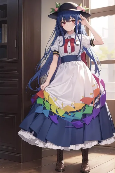 tenshihinanawi, <lora:tenshihinanawi-lora-nochekaiser:1>,
tenshi hinanawi, long hair, bangs, (red eyes:1.5), blue hair,
BREAK skirt, shirt, hat, bow, white shirt, short sleeves, boots, frills, food, puffy sleeves, bowtie, apron, puffy short sleeves, blue skirt, black headwear, fruit, leaf, brown footwear, frilled skirt, cross-laced footwear, peach, (rainbow order:1.5),
BREAK looking at viewer, full body,
BREAK indoors,
BREAK <lyco:GoodHands-beta2:1>, (masterpiece:1.2), best quality, high resolution, unity 8k wallpaper, (illustration:0.8), (beautiful detailed eyes:1.6), extremely detailed face, perfect lighting, extremely detailed CG, (perfect hands, perfect anatomy),
