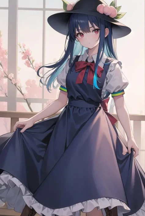 tenshihinanawi, <lora:tenshihinanawi-lora-nochekaiser_4:1>,
tenshi hinanawi, long hair, bangs, (red eyes:1.5), blue hair,
BREAK skirt, shirt, hat, bow, white shirt, short sleeves, boots, frills, food, puffy sleeves, bowtie, apron, puffy short sleeves, blue skirt, black headwear, fruit, leaf, brown footwear, frilled skirt, cross-laced footwear, peach, (rainbow order:1.5),
BREAK looking at viewer, full body,
BREAK indoors,
BREAK <lyco:GoodHands-beta2:1>, (masterpiece:1.2), best quality, high resolution, unity 8k wallpaper, (illustration:0.8), (beautiful detailed eyes:1.6), extremely detailed face, perfect lighting, extremely detailed CG, (perfect hands, perfect anatomy),