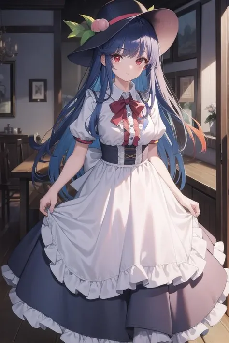 tenshihinanawi, <lora:tenshihinanawi-lora-nochekaiser_4:1>,
tenshi hinanawi, long hair, bangs, (red eyes:1.5), blue hair,
BREAK skirt, shirt, hat, bow, white shirt, short sleeves, boots, frills, food, puffy sleeves, bowtie, apron, puffy short sleeves, blue skirt, black headwear, fruit, leaf, brown footwear, frilled skirt, cross-laced footwear, peach, (rainbow order:1.5),
BREAK looking at viewer, full body,
BREAK indoors,
BREAK <lyco:GoodHands-beta2:1>, (masterpiece:1.2), best quality, high resolution, unity 8k wallpaper, (illustration:0.8), (beautiful detailed eyes:1.6), extremely detailed face, perfect lighting, extremely detailed CG, (perfect hands, perfect anatomy),