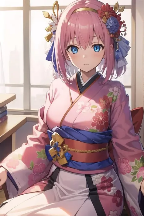 princessconnectyui, <lora:princessconnectyui-lora-nochekaiser:1>,
yui, 1girl, blue eyes, hair between eyes, medium hair, pink hair, sidelocks,
BREAK blue flower, floral print, flower, hair flower, hair ornament, hairband, japanese clothes, kimono, long sleeves, obi, pink kimono, print kimono, red flower, red hairband, sash, wide sleeves,
BREAK looking at viewer,
BREAK indoors, classroom,
BREAK <lyco:GoodHands-beta2:1>, (masterpiece:1.2), best quality, high resolution, unity 8k wallpaper, (illustration:0.8), (beautiful detailed eyes:1.6), extremely detailed face, perfect lighting, extremely detailed CG, (perfect hands, perfect anatomy),