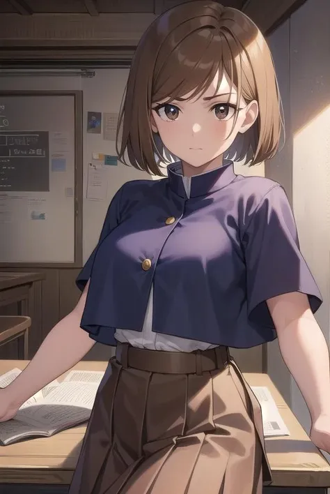nobarakugisaki, <lora:nobarakugisaki-lora-nochekaiser:1>,
nobara kugisaki, bob cut, (brown eyes:1.7), brown hair, lips, short hair,
BREAK belt, brown belt, brown pantyhose, crop top, crop top overhang, jujutsu tech uniform, pantyhose, pleated skirt, shirt tucked in, skirt, blue skirt, blue crop top,
BREAK looking at viewer,
BREAK indoors, classroom,
BREAK <lyco:GoodHands-beta2:1>, (masterpiece:1.2), best quality, high resolution, unity 8k wallpaper, (illustration:0.8), (beautiful detailed eyes:1.6), extremely detailed face, perfect lighting, extremely detailed CG, (perfect hands, perfect anatomy),