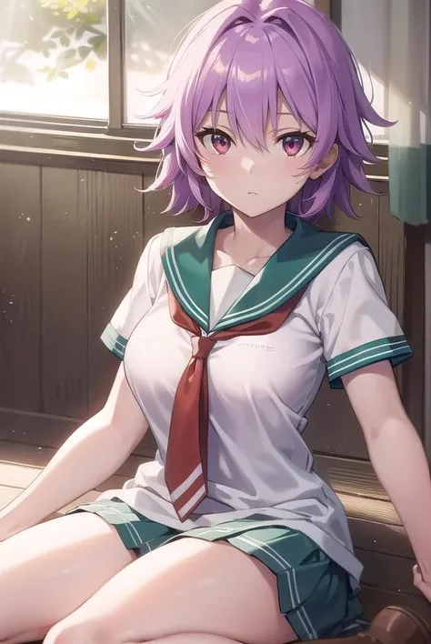 kantaitama, <lora:tama-lora-nochekaiser:1>,
tama, hair between eyes, purple hair, short hair, (red eyes:1.5),
BREAK school uniform, serafuku, sailor collar, green sailor collar, shirt, white shirt, short sleeves, necktie, red necktie, shorts, white shorts,
BREAK looking at viewer, full body,
BREAK indoors, classroom,
BREAK <lyco:GoodHands-beta2:1>, (masterpiece:1.2), best quality, high resolution, unity 8k wallpaper, (illustration:0.8), (beautiful detailed eyes:1.6), extremely detailed face, perfect lighting, extremely detailed CG, (perfect hands, perfect anatomy),