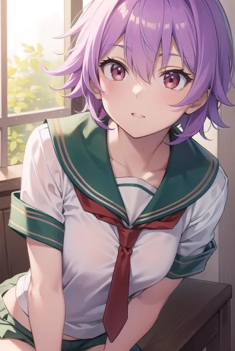 kantaitama, <lora:tama-lora-nochekaiser:1>,
tama, hair between eyes, purple hair, short hair, (red eyes:1.5),
BREAK school uniform, serafuku, sailor collar, green sailor collar, shirt, white shirt, short sleeves, necktie, red necktie, shorts, white shorts,
BREAK looking at viewer, full body,
BREAK indoors, classroom,
BREAK <lyco:GoodHands-beta2:1>, (masterpiece:1.2), best quality, high resolution, unity 8k wallpaper, (illustration:0.8), (beautiful detailed eyes:1.6), extremely detailed face, perfect lighting, extremely detailed CG, (perfect hands, perfect anatomy),