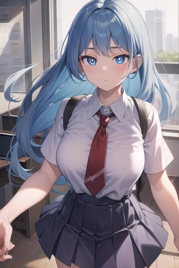 Anime girl with blue hair and a red tie standing in front of a window ...