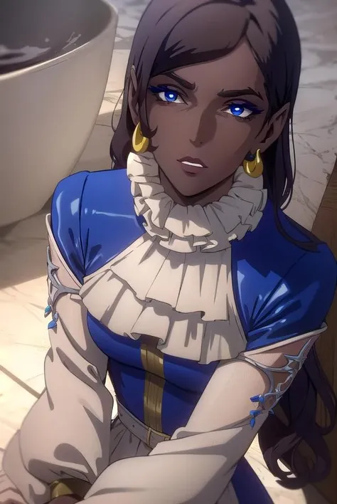 morana, <lora:morana-lora-nochekaiser:1>,
morana, medium hair, blue eyes, black hair, dark skin, dark-skinned female, makeup, lipstick, eyeshadow,
BREAK dress, jewelry, earrings, dark skin, blue dress, long dress,
BREAK looking at viewer, full body,
BREAK indoors,
BREAK <lyco:GoodHands-beta2:1>, (masterpiece:1.2), best quality, high resolution, unity 8k wallpaper, (illustration:0.8), (beautiful detailed eyes:1.6), extremely detailed face, perfect lighting, extremely detailed CG, (perfect hands, perfect anatomy),