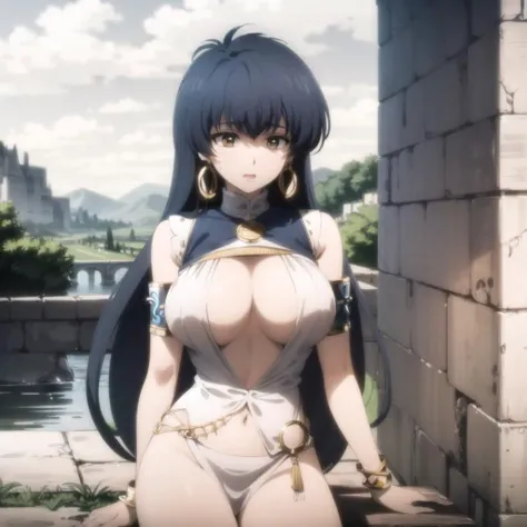 ((masterpiece)), ((best quality)), highres, <lora:Ankoku_no_Hakaishin:1>, sheila_metallicana, 1girl, solo, armlet, beautiful girl, black_hair, blue hair, breasts, huge breasts, brick_wall, yellow_eyes, choker, jewelry, earrings, navel, midriff, groin, cleavage, dress, seethrough, from_side, long_hair, sideboob, nsfw, twilight