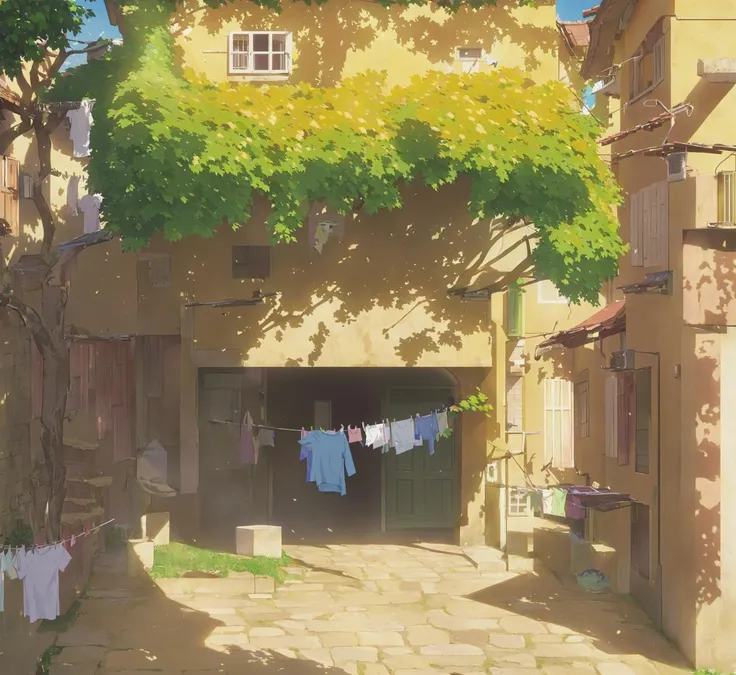 tree,no humans,scenery,outdoors,laundry,clothesline,building,window,sunlight,plant,leaf,door,house,clothes hanger,day,shadow,anime,<lora:warmbackgroundxl-v1-000100:0.8>,