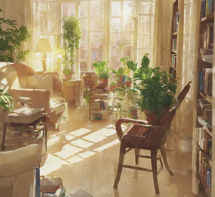 window,scenery,no humans,book,chair,bookshelf,plant,indoors,table,book stack,shelf,potted plant,sunlight,lamp,couch,blurry,<lora:warmbackgroundxl-v1-000100:0.8>,