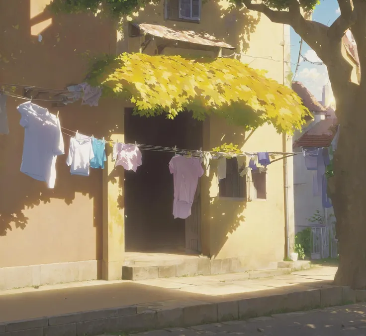 tree,no humans,scenery,outdoors,laundry,clothesline,building,window,sunlight,plant,leaf,door,house,clothes hanger,day,shadow,anime,<lora:warmbackgroundxl-v1-000100:0.8>,