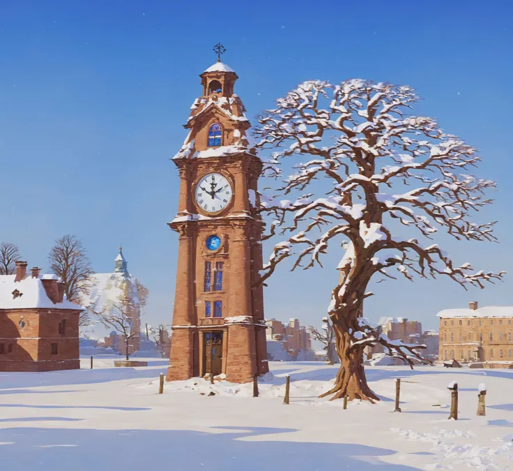 tree, snow, outdoors, scenery, sky, bare tree, blue sky, day, clock, winter, building<lora:warmbackgroundxl-v1-000100:0.8>,