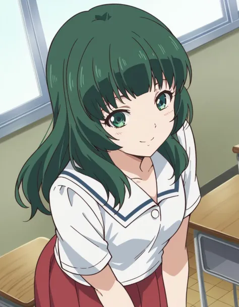 score_9, score_8_up, score_7_up, source_anime,
miuashihara, <lora:miu-ashihara-s1-ponyxl-lora-nochekaiser:1>,
miu ashihara, long hair, bangs, green eyes, green hair,
shirt, school uniform, white shirt, short sleeves, serafuku, sailor collar, skirt, red skirt,
indoors, classroom, bent over, smile,
looking at viewer, cowboy shot, dutch angle, solo,