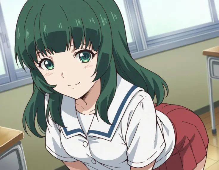 score_9, score_8_up, score_7_up, source_anime,
miuashihara, <lora:miu-ashihara-s1-ponyxl-lora-nochekaiser:1>,
miu ashihara, long hair, bangs, green eyes, green hair,
shirt, school uniform, white shirt, short sleeves, serafuku, sailor collar, skirt, red skirt,
indoors, classroom, bent over, smile,
looking at viewer, cowboy shot, dutch angle, solo,