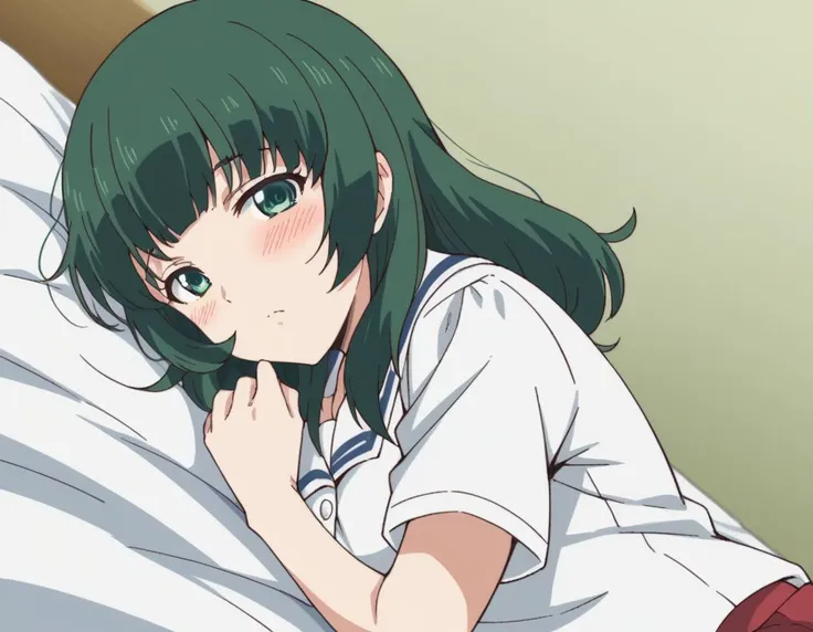 score_9, score_8_up, score_7_up, source_anime,
miuashihara, <lora:miu-ashihara-s1-ponyxl-lora-nochekaiser:1>,
miu ashihara, long hair, bangs, green eyes, green hair,
shirt, school uniform, white shirt, short sleeves, serafuku, sailor collar, skirt, red skirt,
indoors, bed, bed room, on side, blush, drunk,
looking at viewer, cowboy shot, dutch angle, solo,