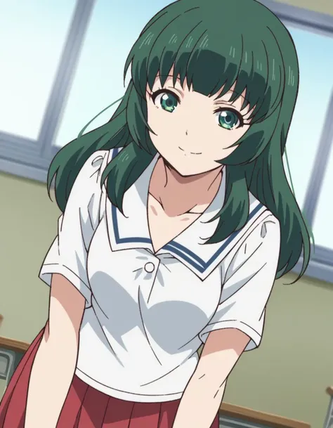 score_9, score_8_up, score_7_up, source_anime,
miuashihara, <lora:miu-ashihara-s1-ponyxl-lora-nochekaiser:1>,
miu ashihara, long hair, bangs, green eyes, green hair,
shirt, school uniform, white shirt, short sleeves, serafuku, sailor collar, skirt, red skirt,
indoors, classroom, bent over, smile,
looking at viewer, cowboy shot, dutch angle, solo,