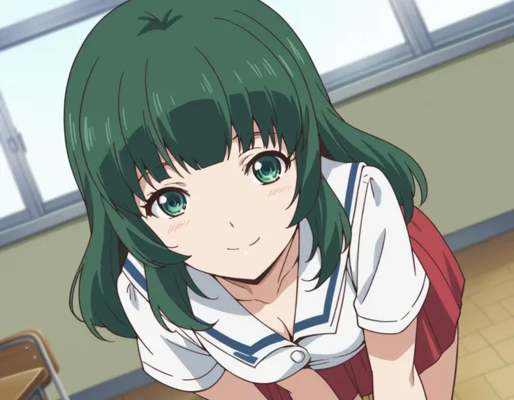 score_9, score_8_up, score_7_up, source_anime,
miuashihara, <lora:miu-ashihara-s1-ponyxl-lora-nochekaiser:1>,
miu ashihara, long hair, bangs, green eyes, green hair,
shirt, school uniform, white shirt, short sleeves, serafuku, sailor collar, skirt, red skirt,
indoors, classroom, bent over, smile,
looking at viewer, cowboy shot, dutch angle, solo,