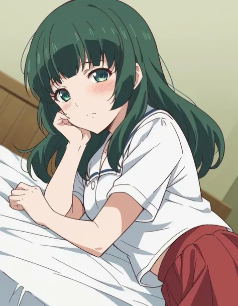 score_9, score_8_up, score_7_up, source_anime,
miuashihara, <lora:miu-ashihara-s1-ponyxl-lora-nochekaiser:1>,
miu ashihara, long hair, bangs, green eyes, green hair,
shirt, school uniform, white shirt, short sleeves, serafuku, sailor collar, skirt, red skirt,
indoors, bed, bed room, on side, blush, drunk,
looking at viewer, cowboy shot, dutch angle, solo,