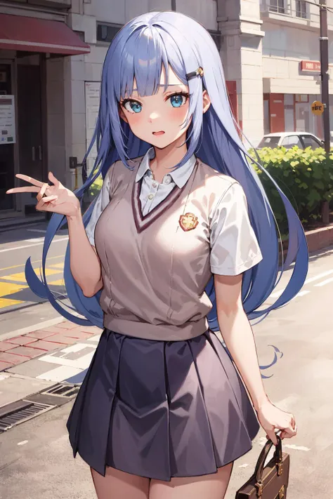 masterpiece, best quality, highres, 1girl, aatsumugi, long hair, low-tied long hair, blunt bangs, hairclip, tokiwadai school uniform, <lora:shiraishi_tsumugi_v1:0.7>,