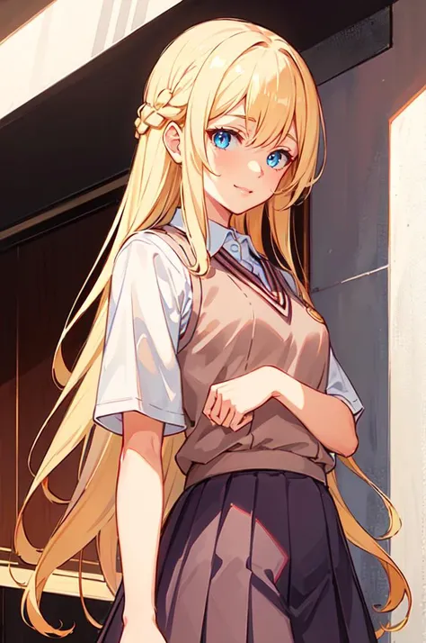 <lora:tokiwadai_school_uniform:1> tokiwadai school uniform,, ultra detailed, masterpiece, best quality, aesthetic, detailed,, solo, soft smile, light smile,
1girl, blue eyes, very long hair, blonde hair, long blonde hair, french braid, bangs, medium breasts,
