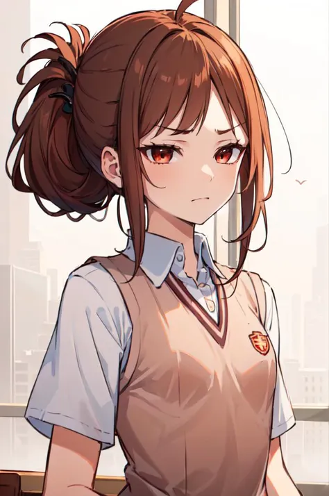 <lora:tokiwadai_school_uniform:1> tokiwadai school uniform,, ultra detailed, masterpiece, best quality, aesthetic, detailed,, solo, frown,
1girl, red eyes, <lora:Tsurime3:1>, (tsurime:1.2), (brown hair:1.3), medium hair, (asymmetrical bangs, swept bangs, cowlick:1.35), flipped hair, <lora:foldedponytail:0.8> foldedponytail, folded ponytail, (small breasts:1.3),