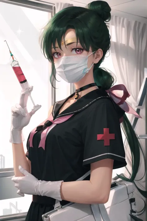 Highly detailed, High Quality, Masterpiece, beautiful, sailor pluto, single hair bun, tiara, <lora:sailormoon_sailorpluto:1>, holding syringe, black choker, mouth mask, surgical mask, gloves, (nurse:1.1), nurse cap, ponytail, sidelocks, <lora:Outfit_HoldingSyringe:1>