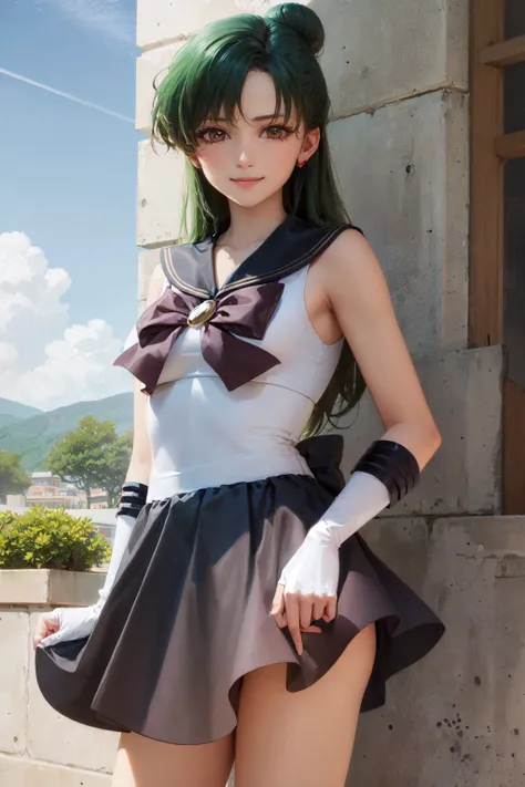 (masterpiece, best quality:1.2), <lora:sailormoon_sailorpluto-11:1>, cowboy shot, solo, 1girl, sailor pluto, smile, looking at viewer, single hair bun, sailor senshi uniform, skirt, gloves