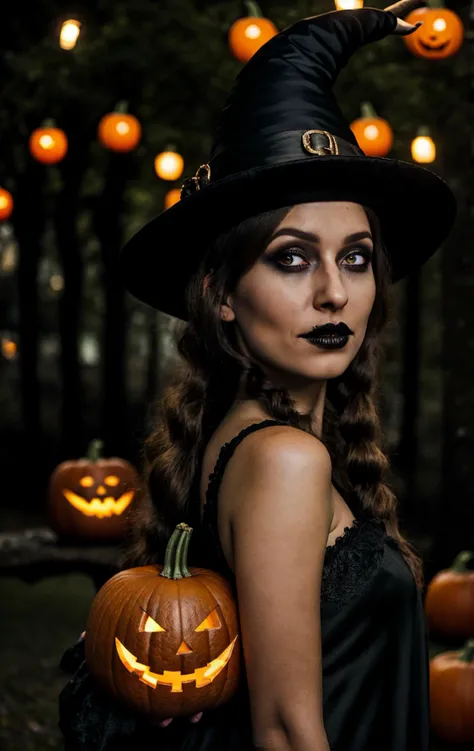 Inès from France, long twintails [bronze:.3] hair, cinematic photo witch hat,  halloween background, pumpkin outdoor <lora:LowRA:0.3> dark theme <lora:epiCRealismHelper:0.3> . 35mm photograph, film, bokeh, professional, 4k, highly detailed