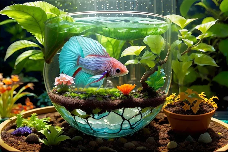 (((garden in a glass cup))), bonsai, cyber fish rainbow color detailed (betta splendens) on water, fully-organic, utopia <lora:BiophyllTech-20:0.80>