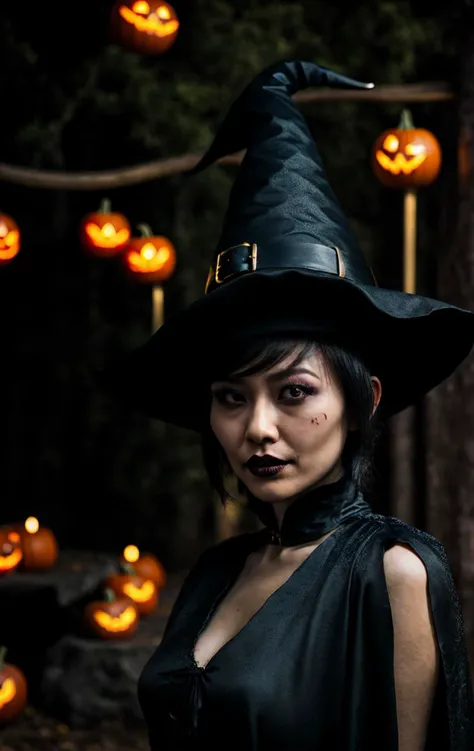 Ying from China, (short-cut:1.2) tussled [blue-black:.3] hair, cinematic photo witch hat,  halloween background, pumpkin outdoor <lora:LowRA:0.3> dark theme <lora:epiCRealismHelper:0.3> . 35mm photograph, film, bokeh, professional, 4k, highly detailed
