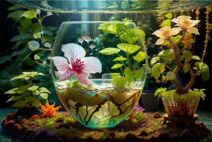 (((garden in a glass cup))), utopia, bonsai, water flowers, fully-organic cyber fish rainbow color detailed (betta splendens) on water, scifi <lora:BiophyllTech-20:0.80>