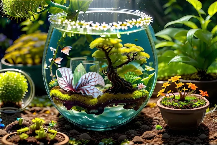 (((garden in a glass cup))), bonsai, cyber fish rainbow color detailed (betta splendens) on water, small small flowers, flowered moss grass fully-organic, utopia <lora:BiophyllTech-20:0.80>