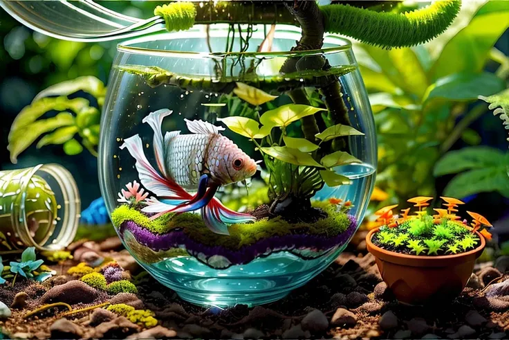 (((garden in a glass cup))), bonsai, cyber fish rainbow color detailed (betta splendens) on water, moss grass fully-organic, utopia <lora:BiophyllTech-20:0.80>