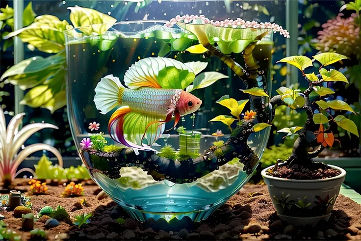 (((garden in a glass cup))), bonsai, cyber fish rainbow color detailed (betta splendens) on water, fully-organic, utopia <lora:BiophyllTech-20:0.80>