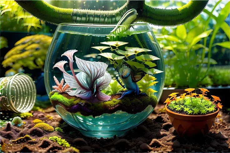 (((garden in a glass cup))), bonsai, cyber fish rainbow color detailed (betta splendens) on water, moss grass, fully-organic, utopia <lora:BiophyllTech-20:0.80>