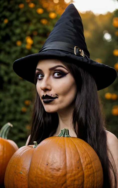 Ivy from Canada, medium (chin-length:1.2) straight [reddish-black:.3] hair, cinematic photo witch hat,  halloween background, pumpkin outdoor . 35mm photograph, film, bokeh, professional, 4k, highly detailed
