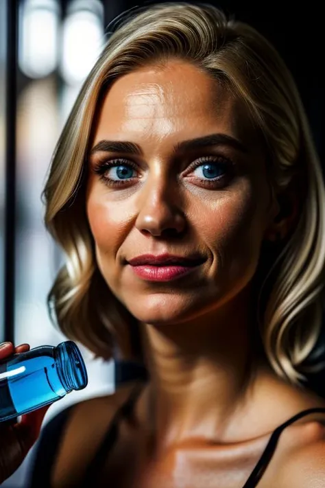 european etny woman, 28 years, italian, amanda, blond hair, blue eyes, holding cosmetic bottle, beauty salon background, natural light